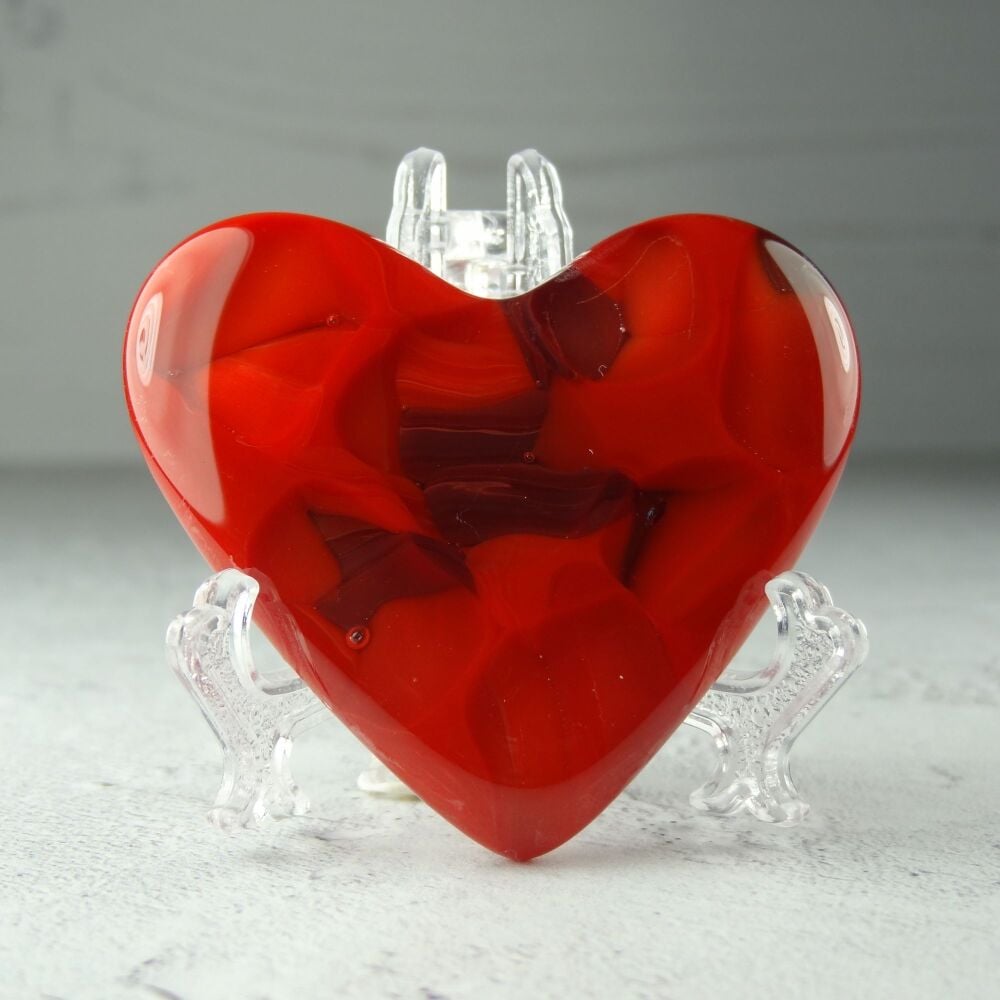 Handcrafted red fused glass heart with a stand - 5 cm (+/-) heart (#410)