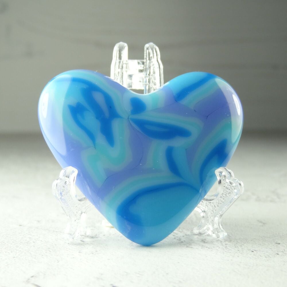 Handcrafted blue & purple fused glass heart with a stand - 5 cm (+/-) heart (#453)