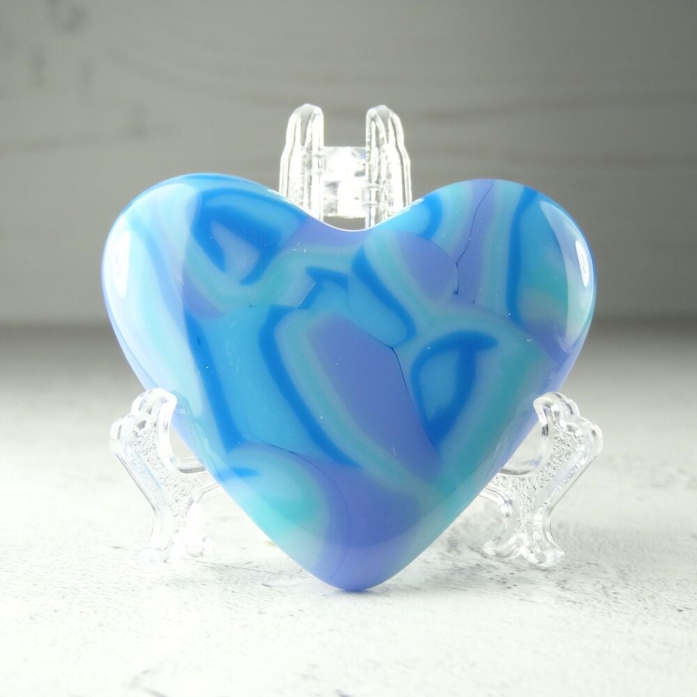 Handcrafted blue & purple fused glass heart with a stand - 5 cm (+/-) heart (#439)