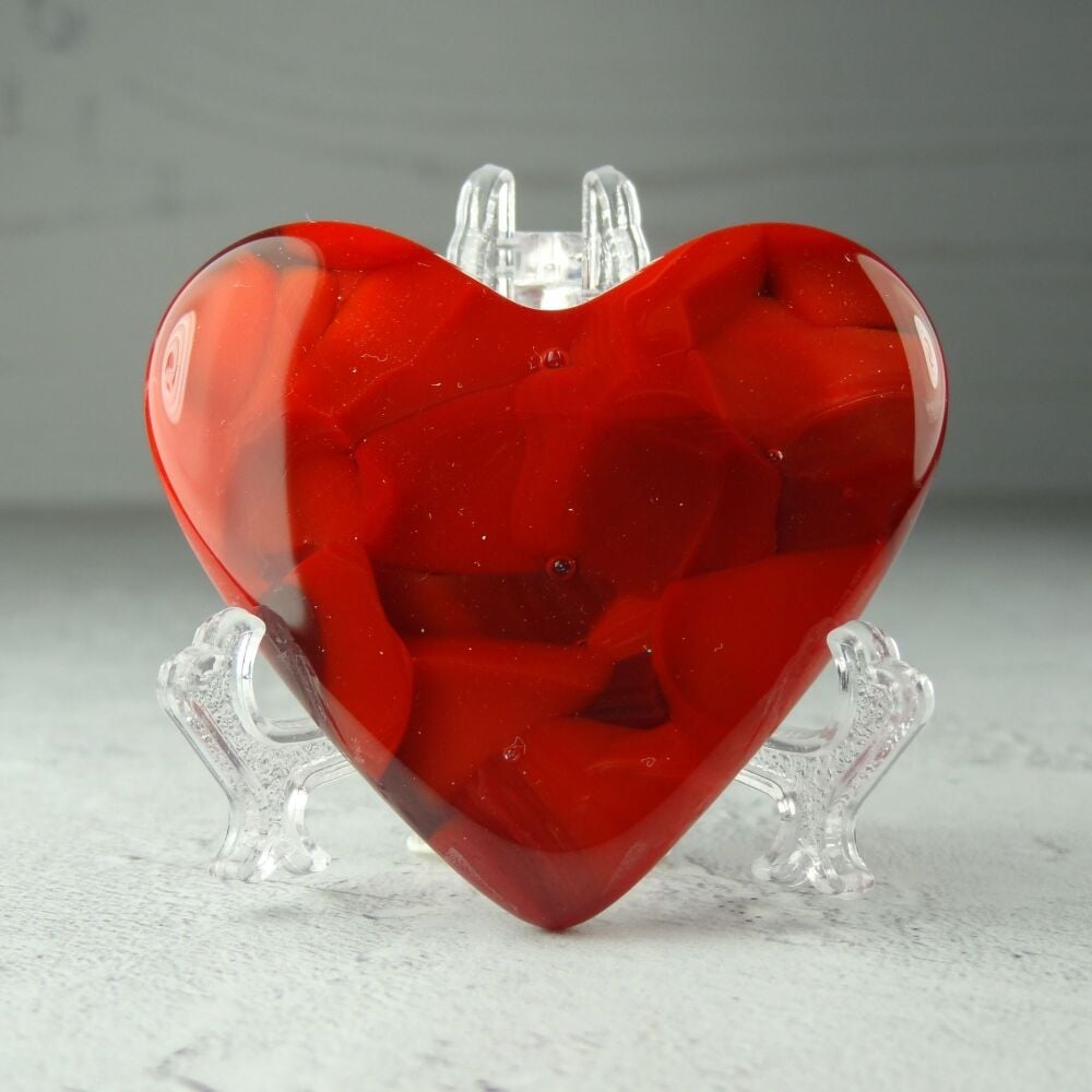 Handcrafted deep red fused glass heart with a stand - 5 cm (+/-) heart (#394)