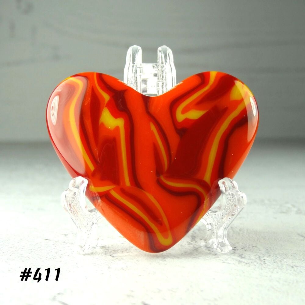 Handcrafted orange red yellow fused glass heart with a stand - 5 cm (+/-) heart (#411)