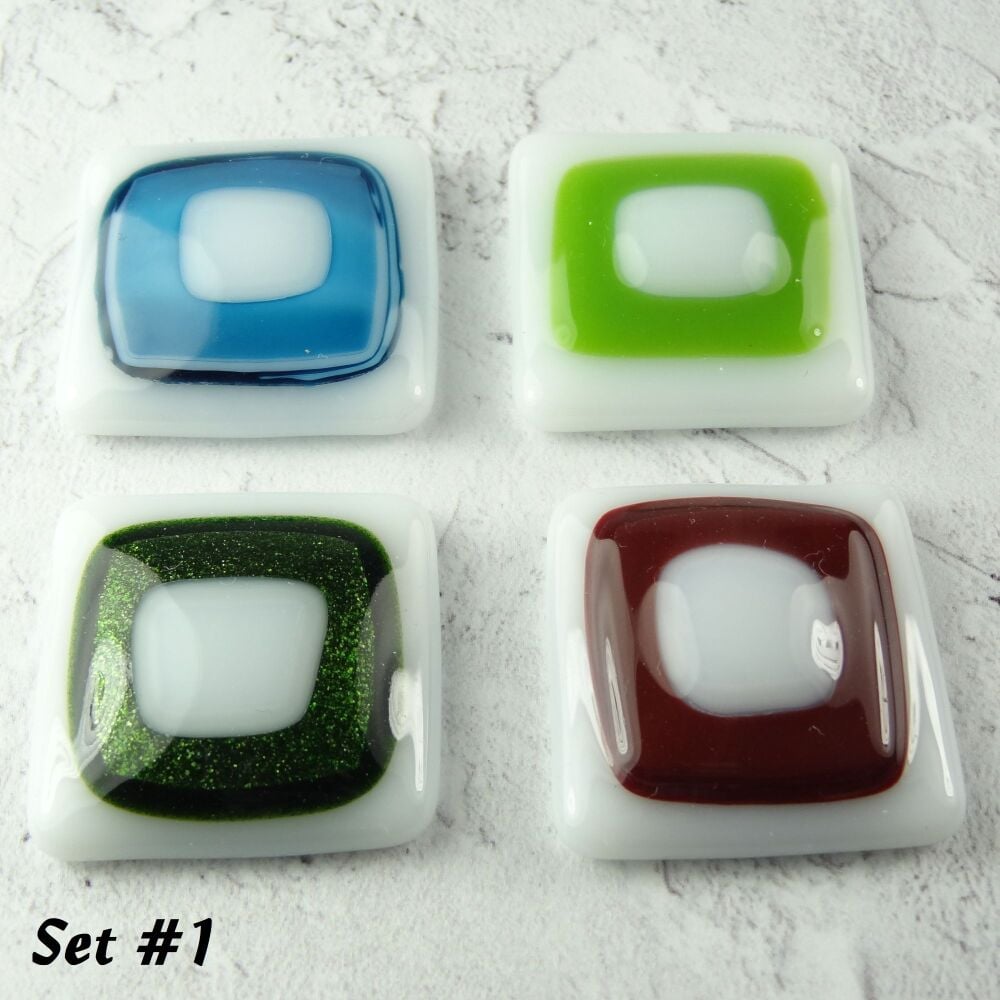 Handcrafted fused glass fridge magnets unique abstract, set of 4, small 3cm square (+/-), lime green blue sparkly green red white (Set 1)