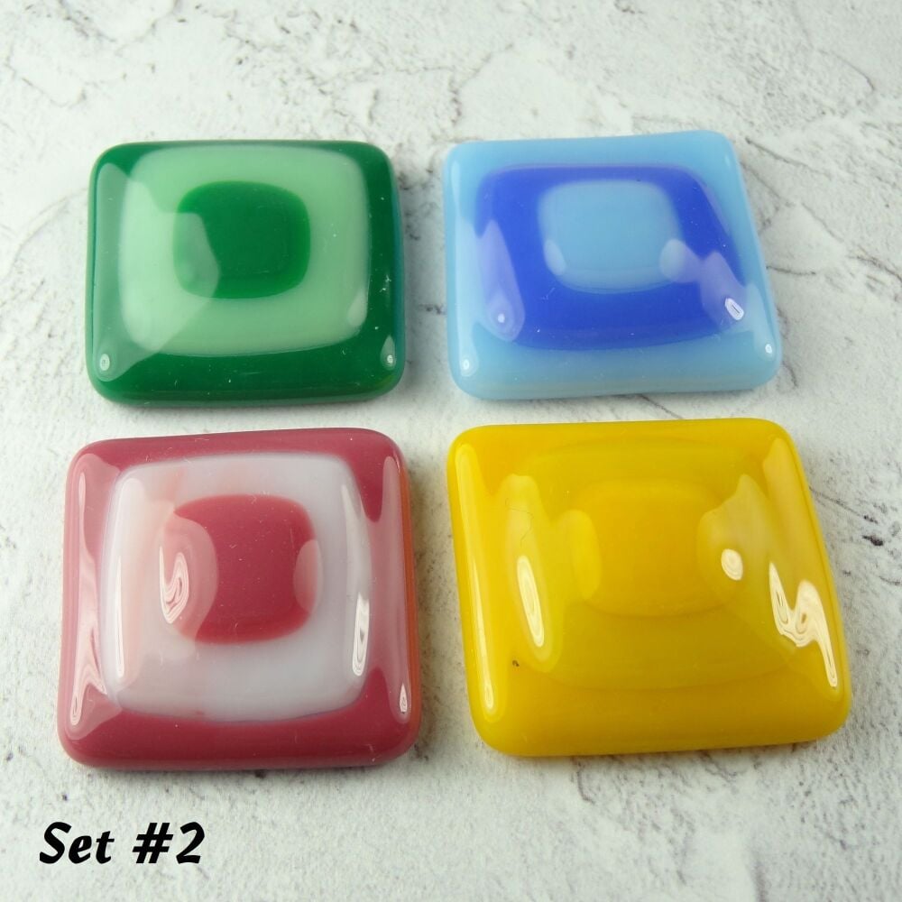 Handcrafted fused glass fridge magnets unique abstract, set of 4, small 3cm square (+/-), blue, pink, green yellow (Set 2)