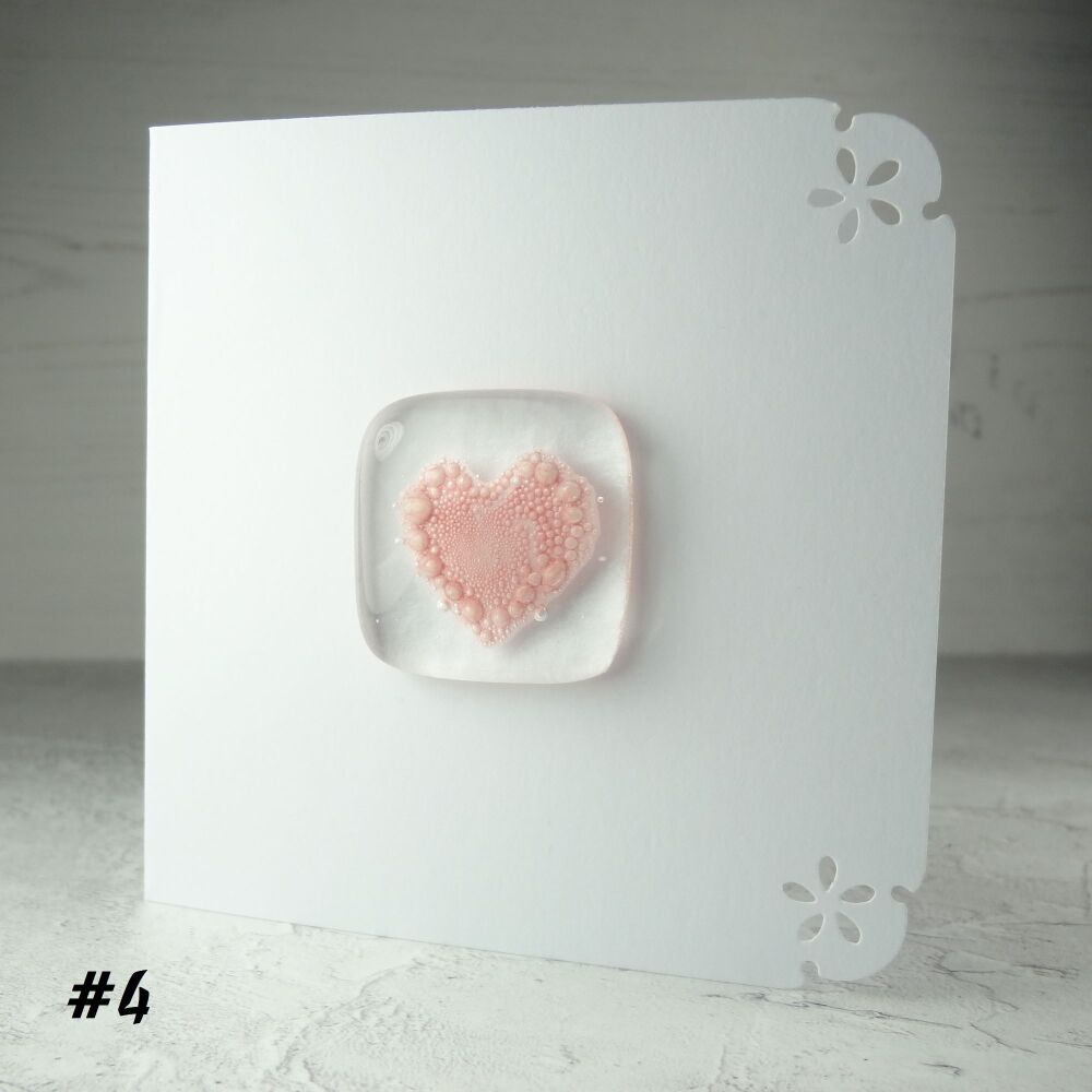 Handcrafted pink bubbled fused glass heart greeting card any occasion love romance anniversary - 10cm card 3.5 cm glass piece (#4)