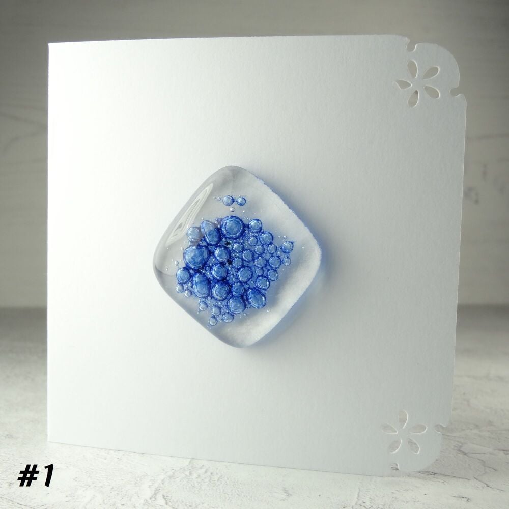 Handcrafted blue bubbled fused glass greeting card any occasion - 10cm card 3.5 cm glass piece (#1)