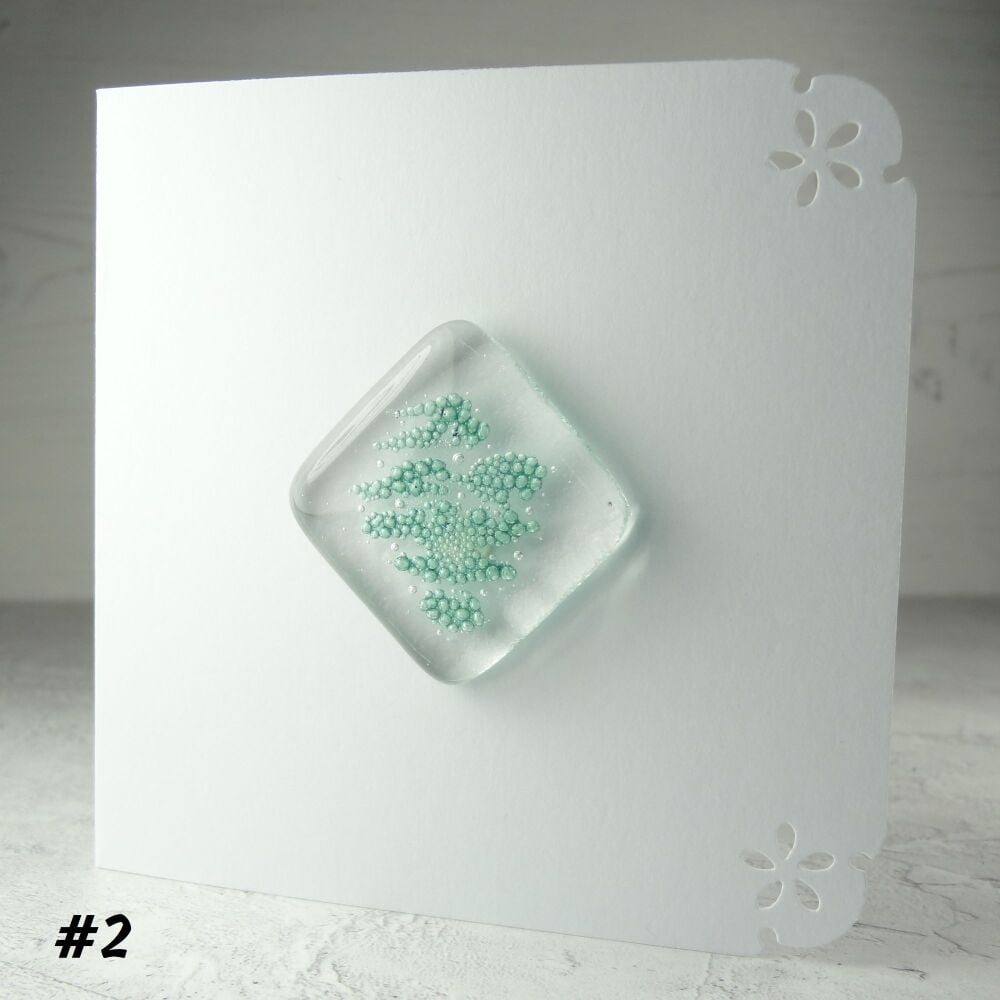 Handcrafted green bubbled fused glass greeting card any occasion - 10cm card 3.5 cm glass piece (#2)