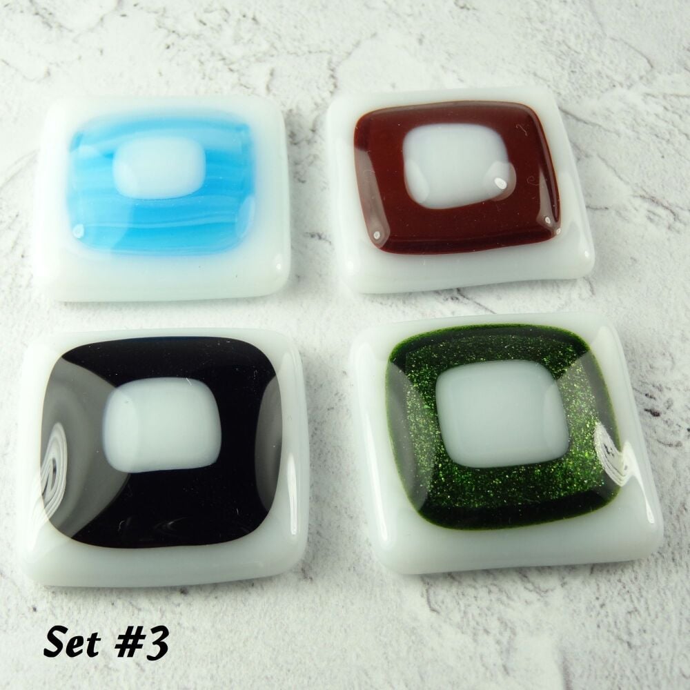 Handcrafted fused glass fridge magnets unique abstract, set of 4, small 3cm square (+/-), red, blue, black, aventurine green, white (Set 3)