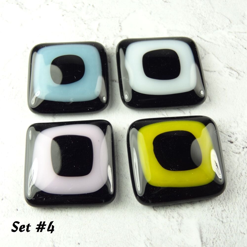 Handcrafted fused glass fridge magnets unique abstract, set of 4, small 3cm square (+/-), pink, white, black, yellow, blue (Set 4)