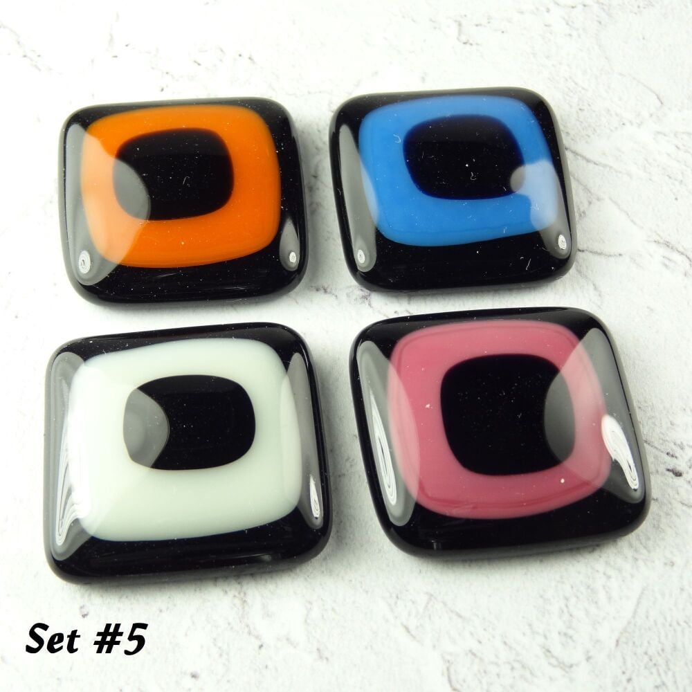 Handcrafted fused glass fridge magnets unique abstract, set of 4, small 3cm square (+/-), black, white, blue, orange, pink (Set 5)