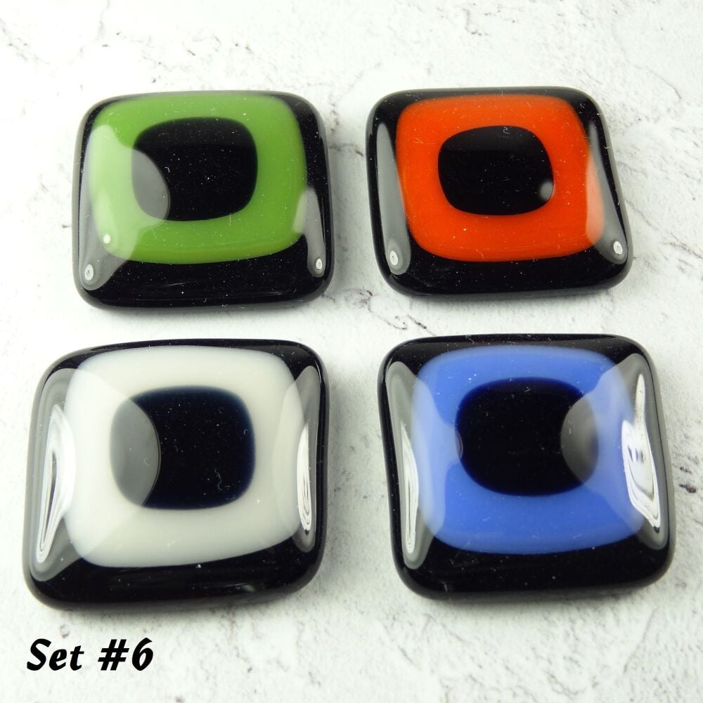 Handcrafted fused glass fridge magnets unique abstract, set of 4, small 3cm square (+/-), black, cream, orange, green, blue  (Set 6)