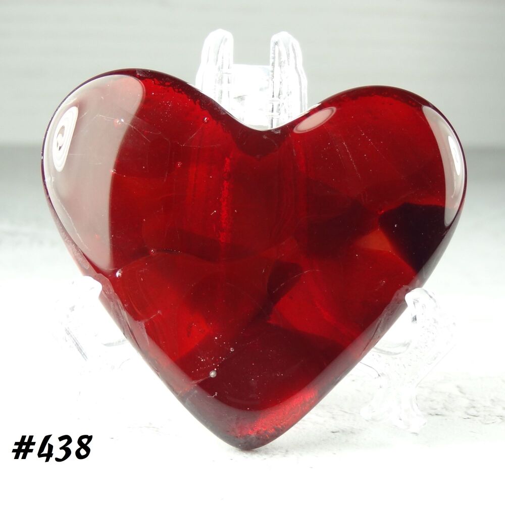 Handcrafted deep red with dichroic fused glass heart with a stand - 5 cm (+/-) heart (#462)