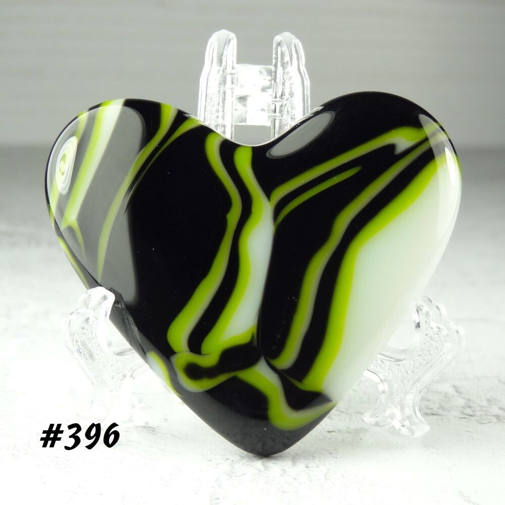Handcrafted green black & white fused glass heart with a stand - 5 cm (+/-) heart (#396)