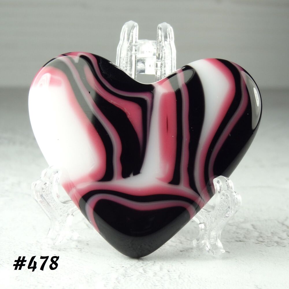 Handcrafted pink black & white fused glass heart with a stand - 5 cm (+/-) heart (#478)