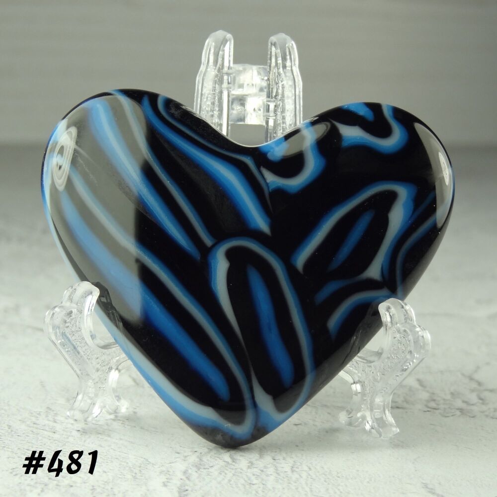 Handcrafted blue black & white fused glass heart with a stand - 5 cm (+/-) heart (#481)