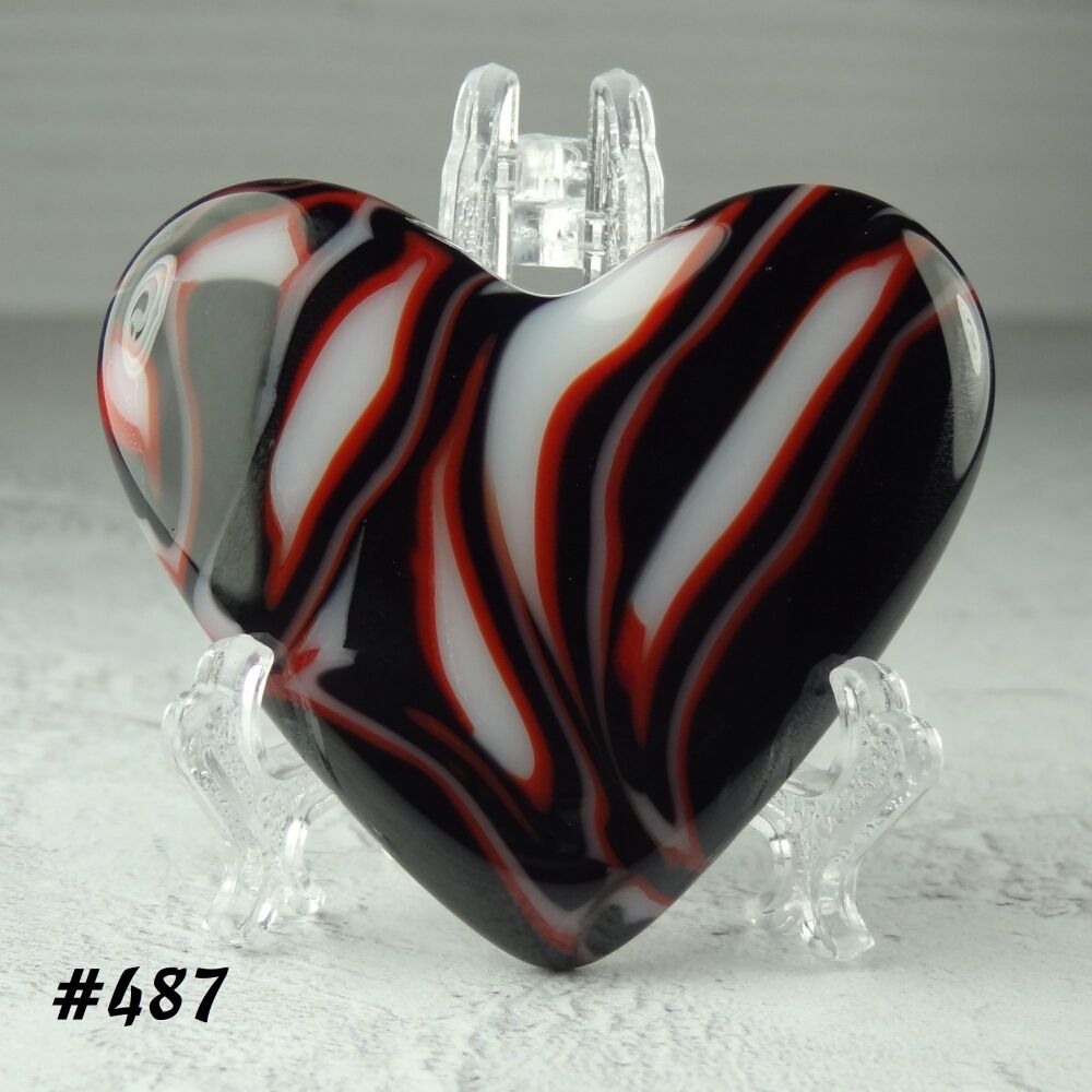 Handcrafted red black & white fused glass heart with a stand - 5 cm (+/-) heart (#487)