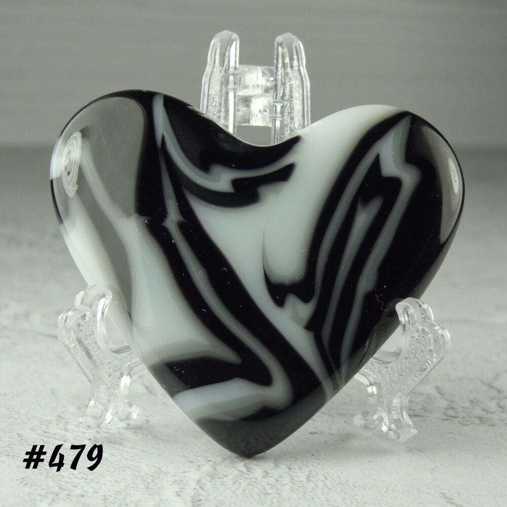 Handcrafted grey black & white fused glass heart with a stand - 5 cm (+/-) heart (#479)