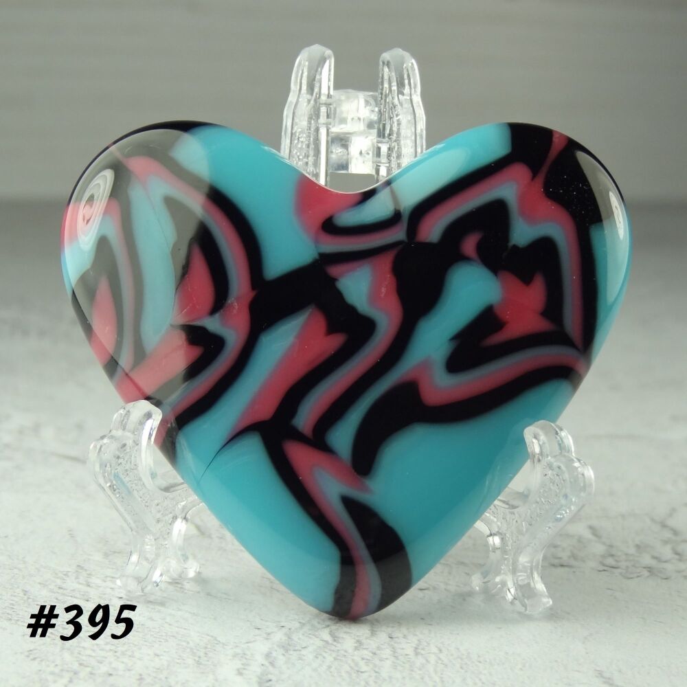 Handcrafted blue pink & black fused glass heart with a stand - 5 cm (+/-) heart (#395)