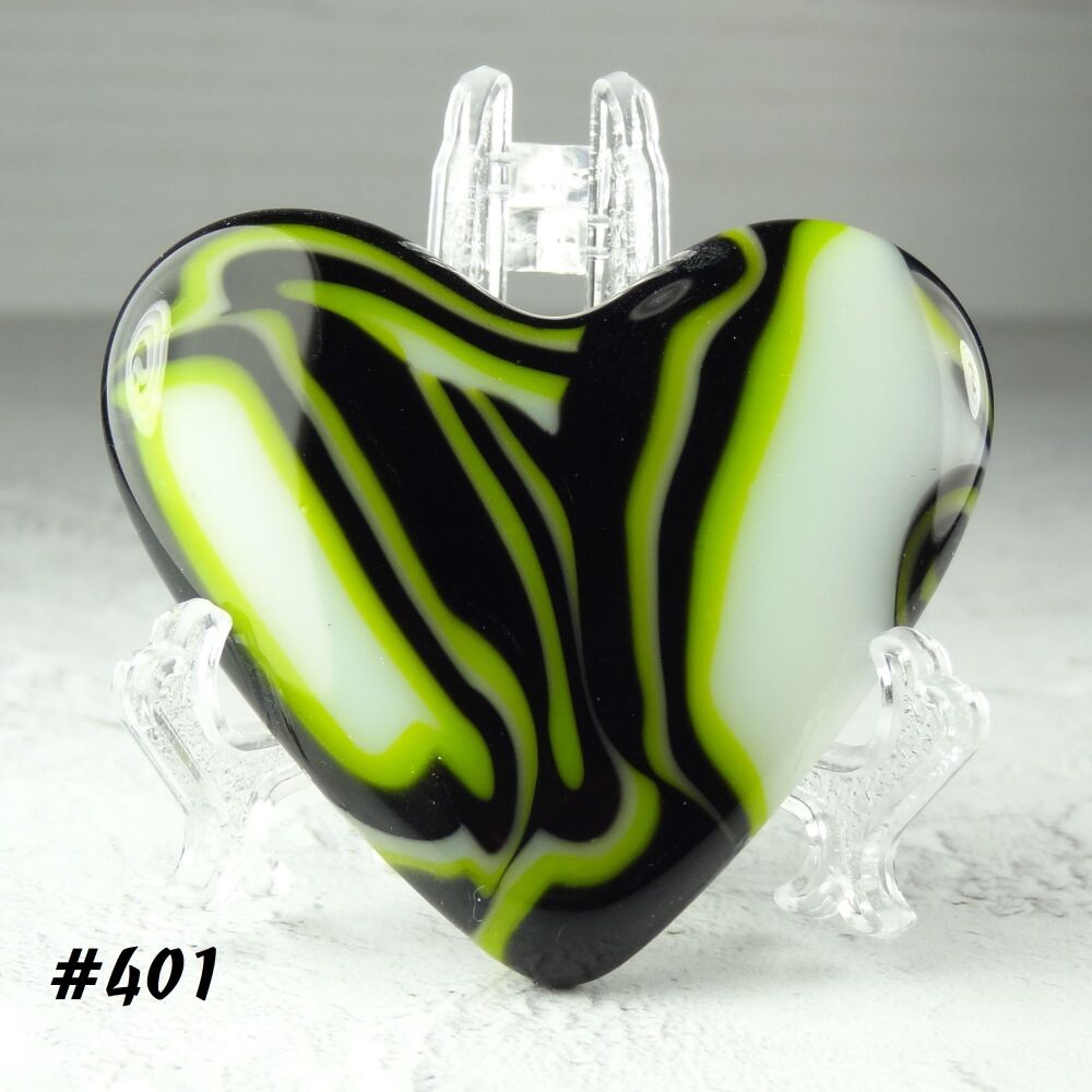 Handcrafted green black & white fused glass heart with a stand - 5 cm (+/-) heart (#401)