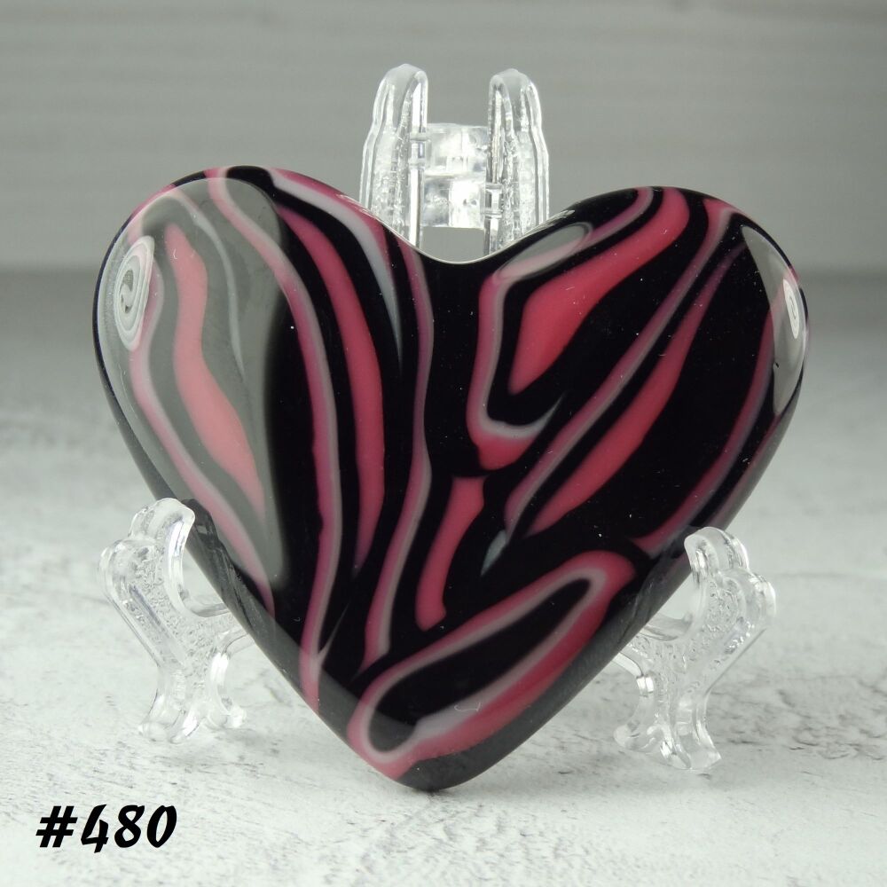 Handcrafted pink black & white fused glass heart with a stand - 5 cm (+/-) heart (#480)