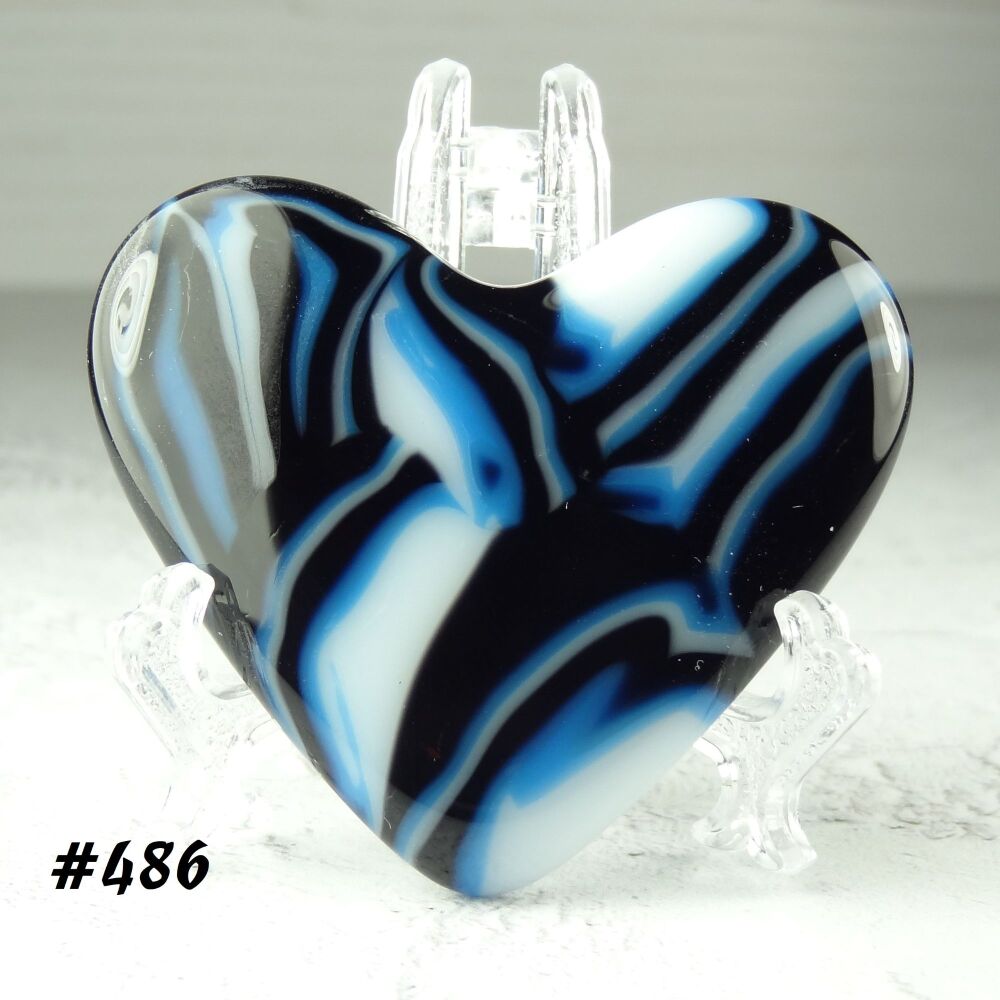 Handcrafted blue black & white fused glass heart with a stand - 5 cm (+/-) heart (#486)