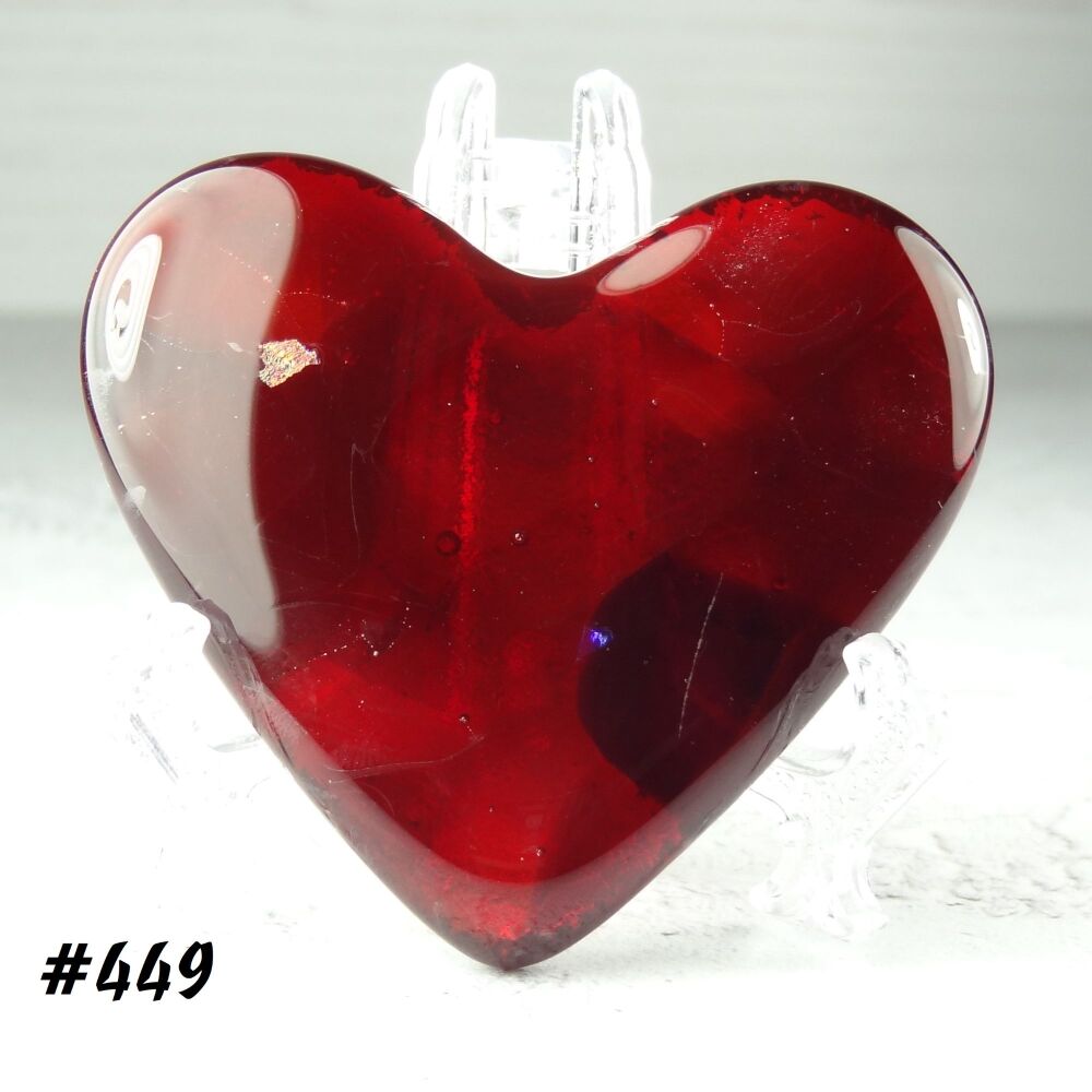 Handcrafted deep red with dichroic fused glass heart with a stand - 5 cm (+/-) heart (#449)
