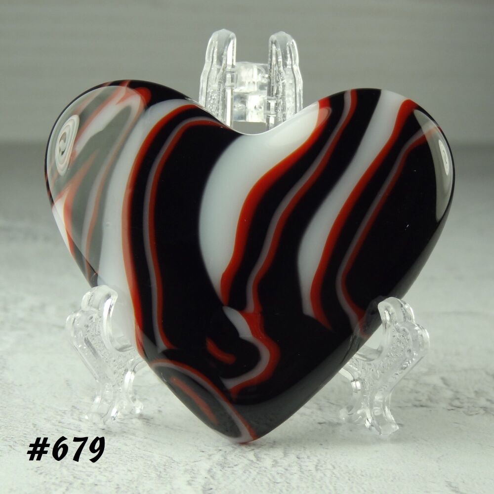 Handcrafted red black & white fused glass heart with a stand - 5 cm (+/-) heart (#679)