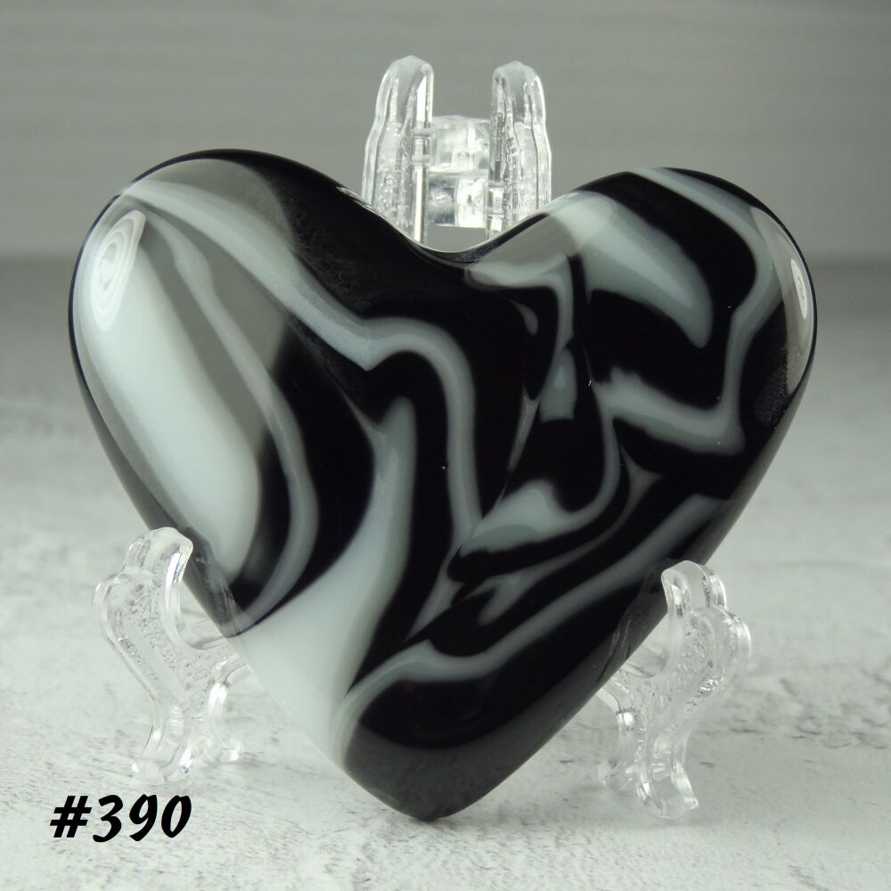 Handcrafted grey black & white fused glass heart with a stand - 5 cm (+/-) heart (#390)