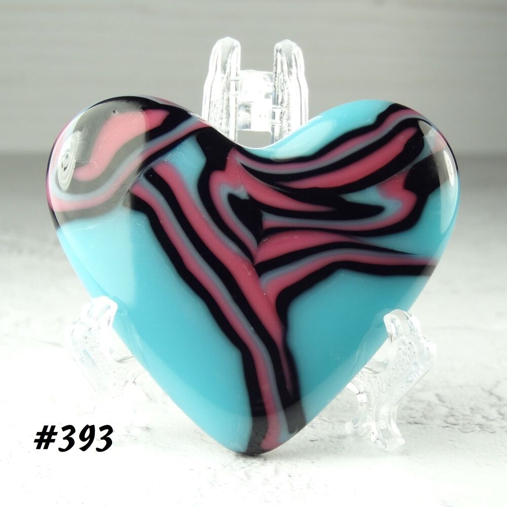 Handcrafted blue pink & black fused glass heart with a stand - 5 cm (+/-) heart (#393)
