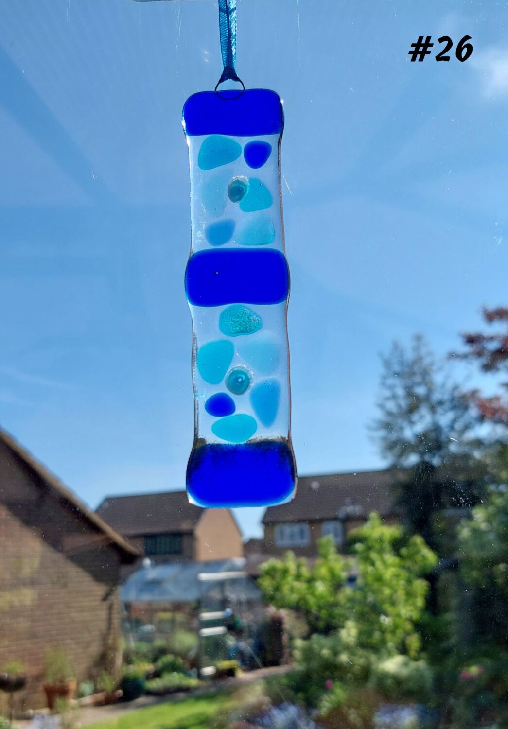 Handcrafted blue mosaic patterned fused glass long suncatcher - 3cm x 13cm 