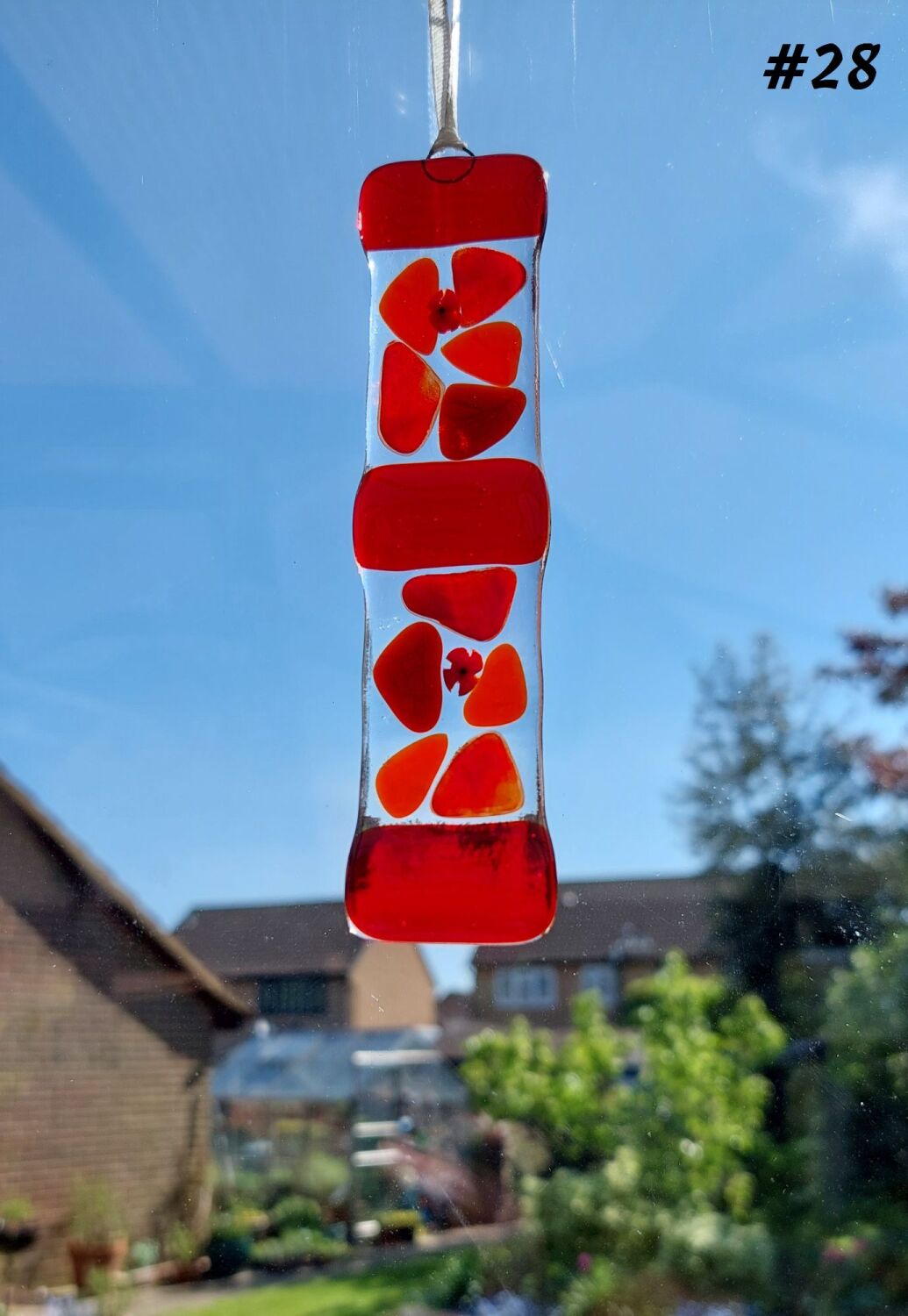 Handcrafted red mosaic patterned fused glass long suncatcher - 3cm x 13cm (