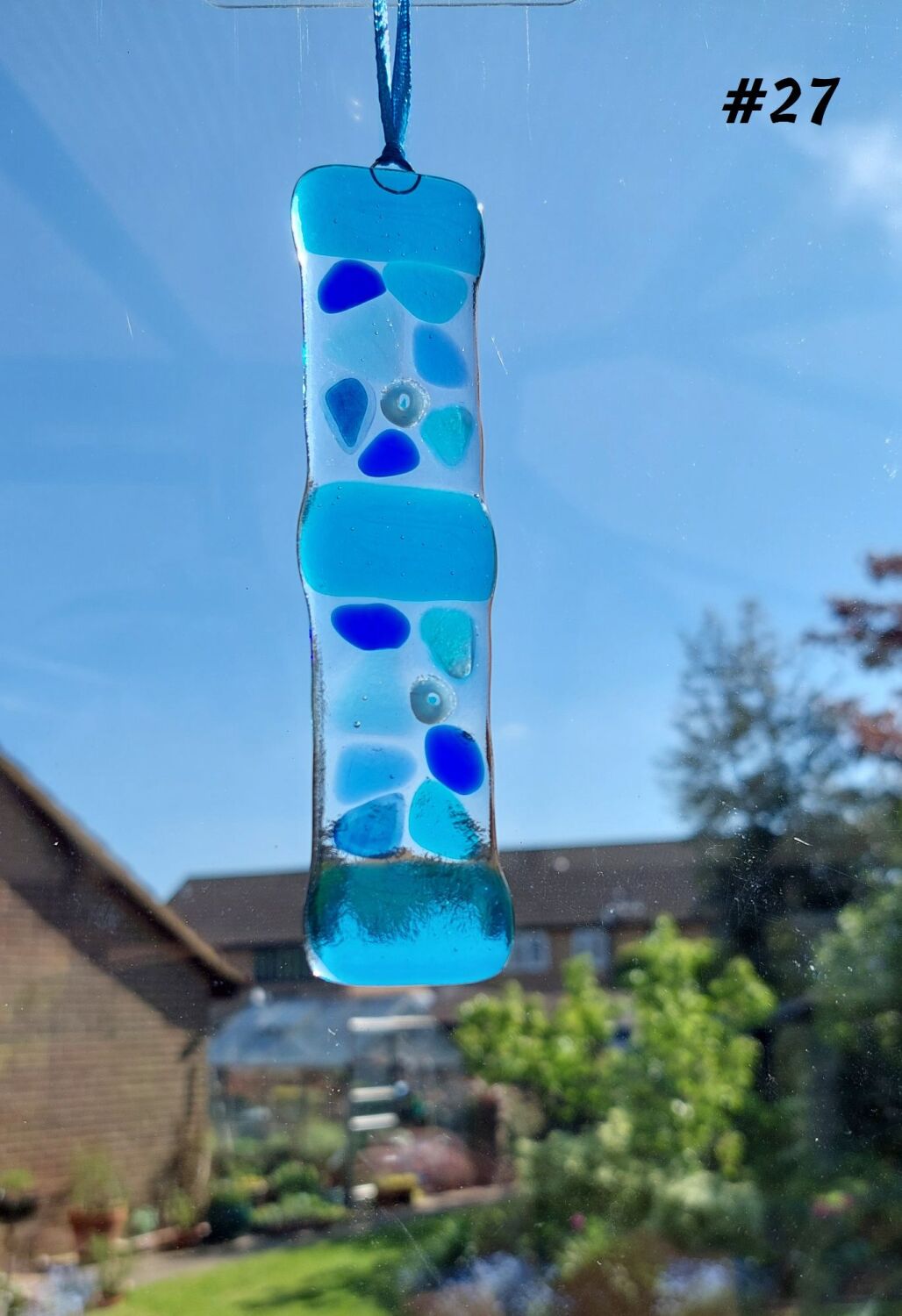 Handcrafted blue mosaic patterned fused glass long suncatcher - 3cm x 13cm 