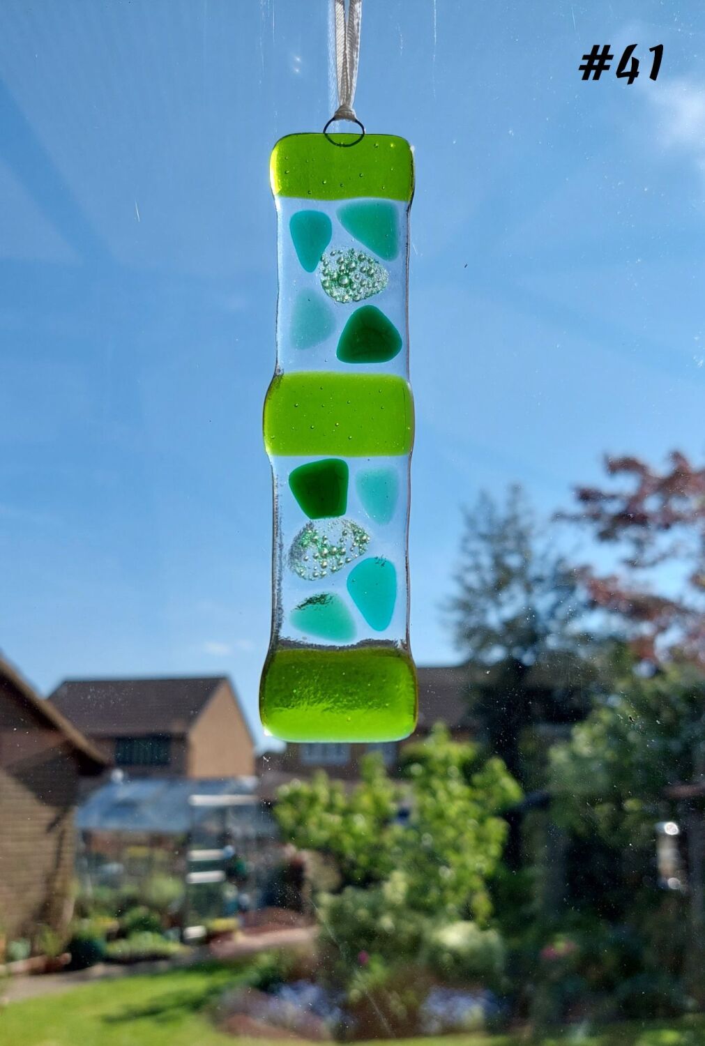 Handcrafted green mosaic patterned fused glass long suncatcher - 3cm x 13cm