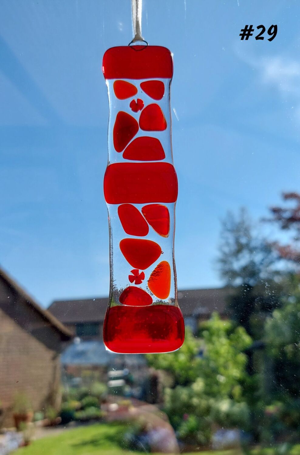 Handcrafted red mosaic patterned fused glass long suncatcher - 3cm x 13cm (