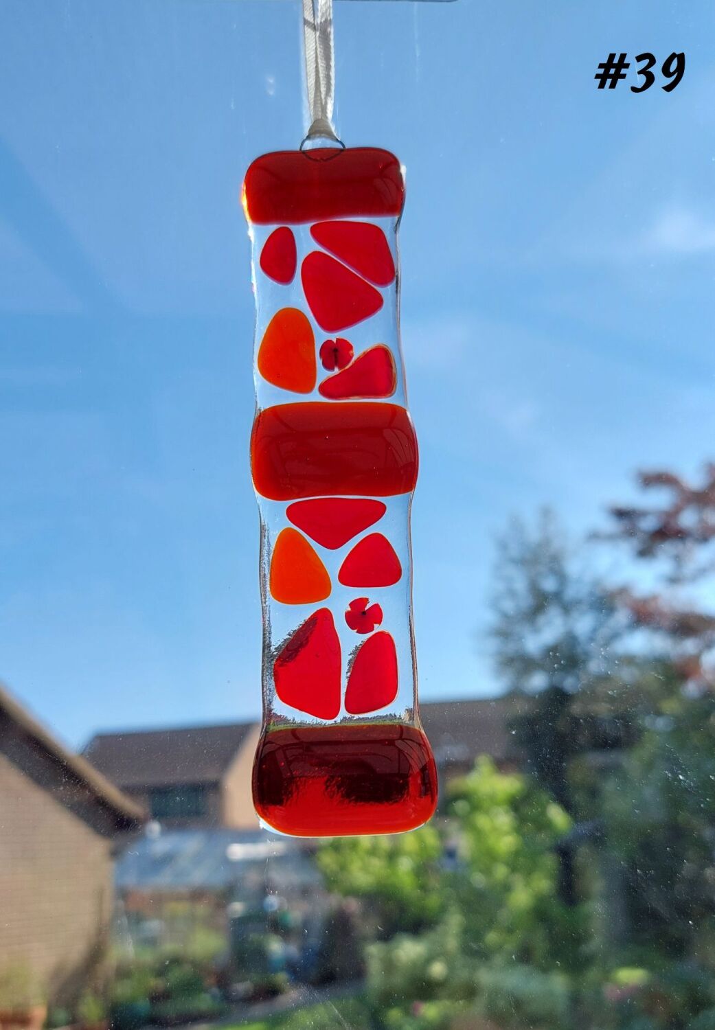 Handcrafted red mosaic patterned fused glass long suncatcher - 3cm x 13cm (