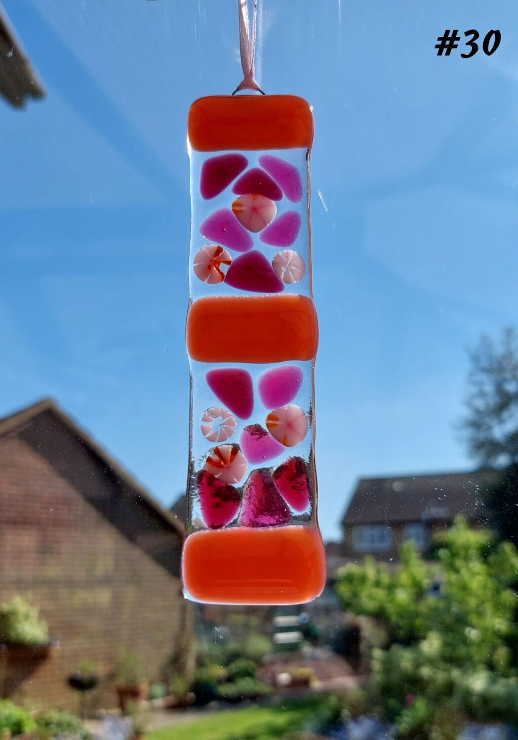 Handcrafted pink mosaic patterned fused glass long suncatcher - 3cm x 13cm 