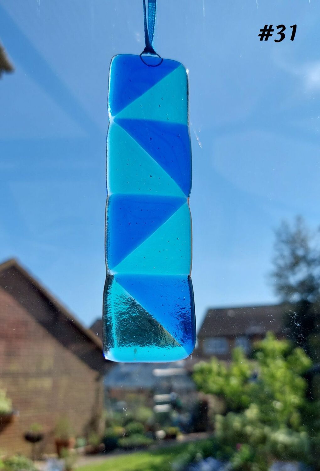 Handcrafted blue triangle patterned fused glass long suncatcher 3cm x 12cm