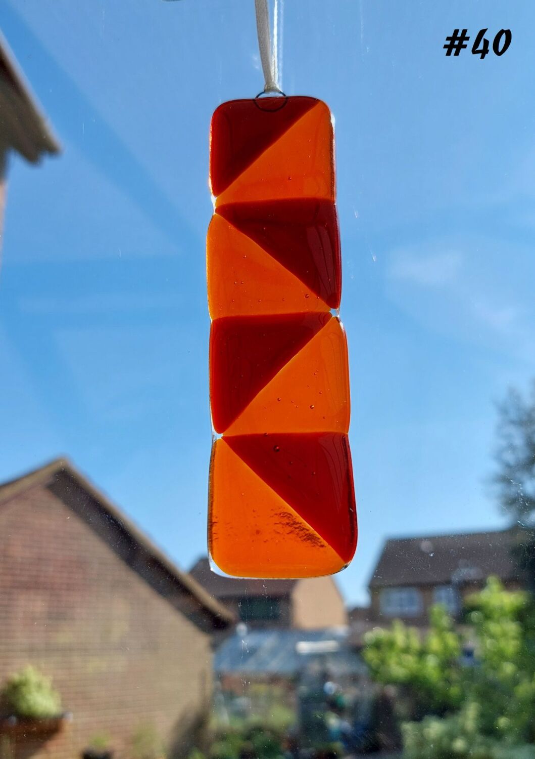 Handcrafted red & orange triangle patterned fused glass long suncatcher - 3