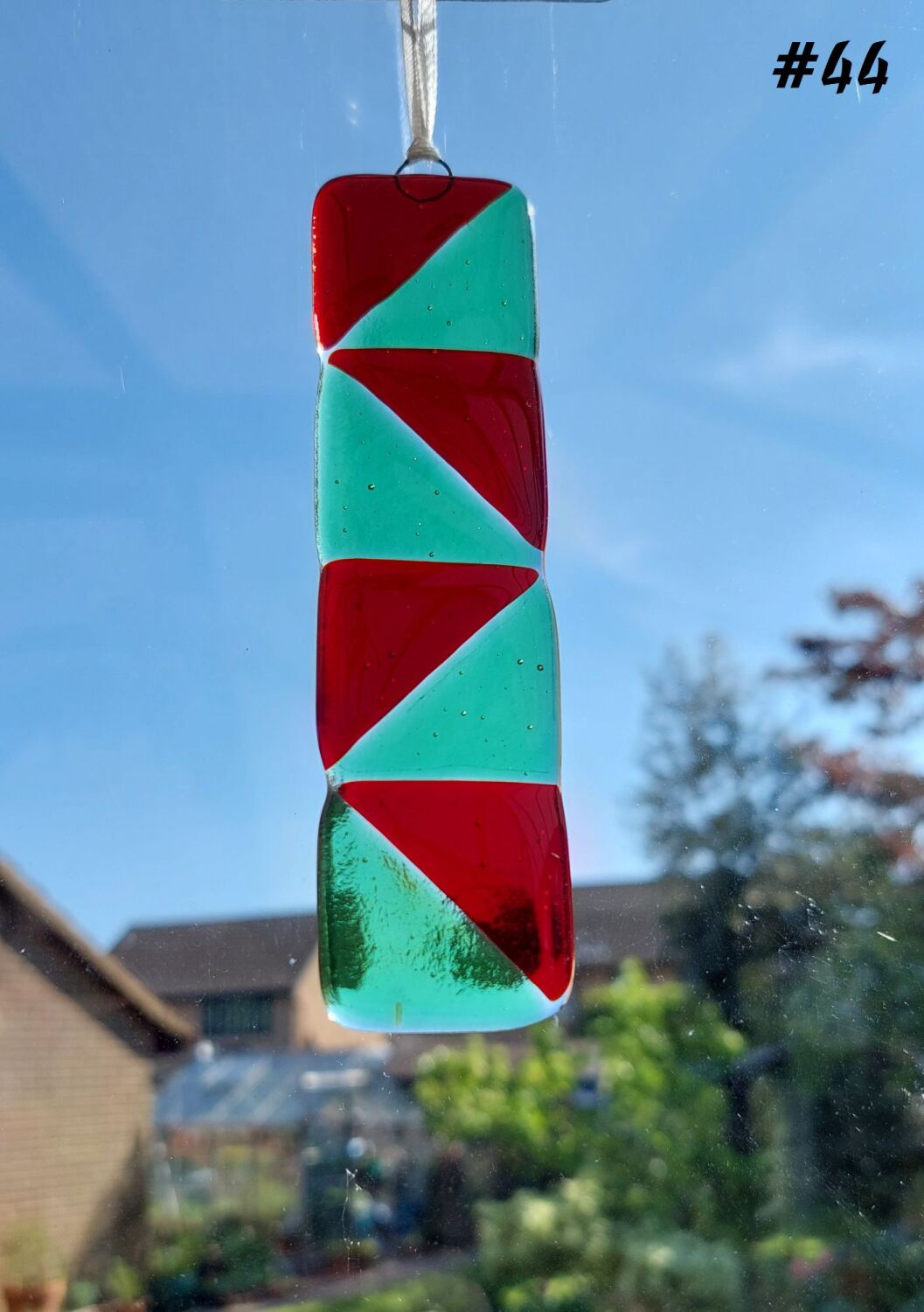 Handcrafted red & green triangle patterned fused glass long suncatcher - 3c