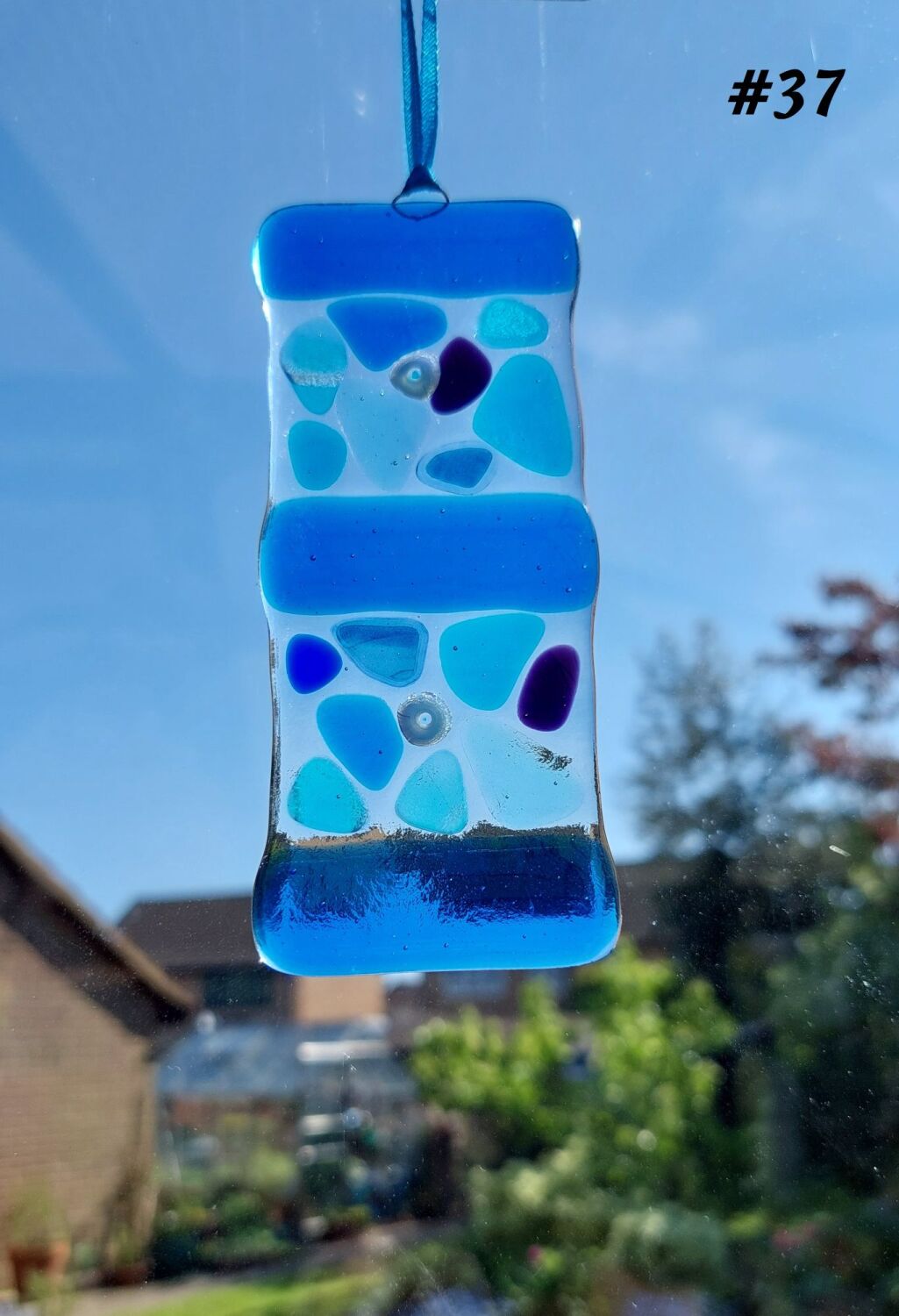 Handcrafted blue mosaic patterned fused glass long suncatcher - 5cm x 12cm 