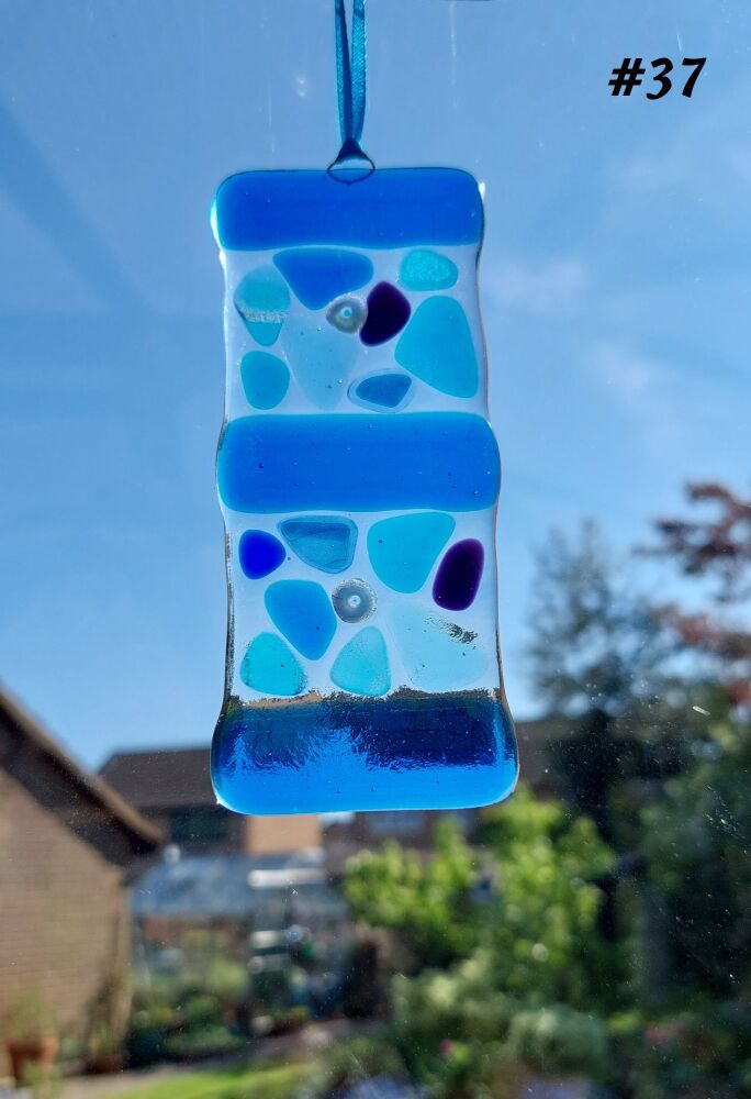Handcrafted blue mosaic patterned fused glass long suncatcher - 5cm x 12cm (#37)