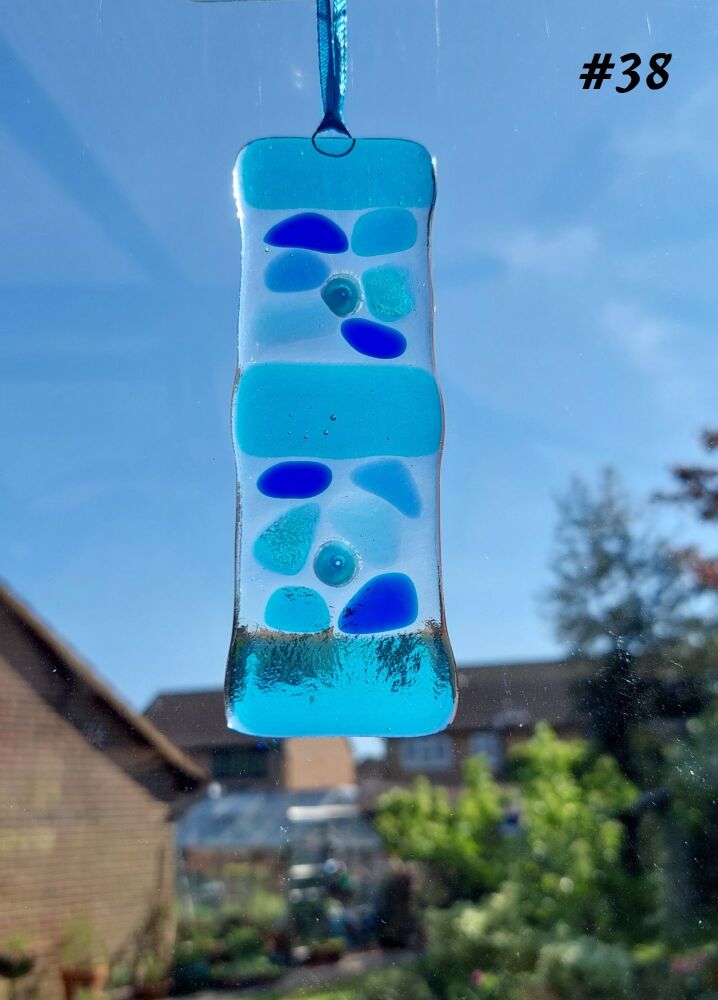 Handcrafted blue mosaic patterned fused glass long suncatcher - 4cm x 12cm (#38)