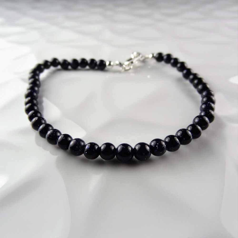 Sterling silver & 4mm Blue Goldstone beaded bracelet with lobster clasp in a gift box
