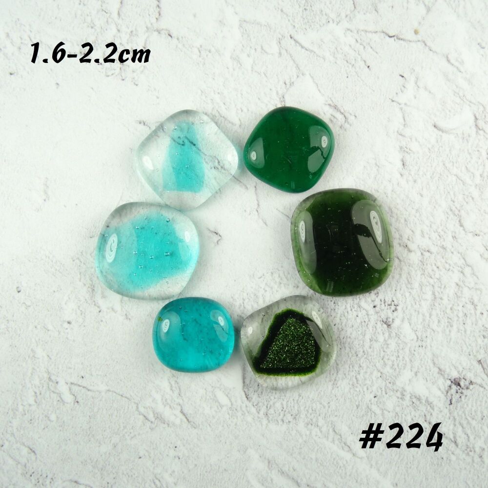 (#224) 6 art glass cabochons, jewellery making, wire wrapping, arts, crafts, mosaics, craft supplies, blue green