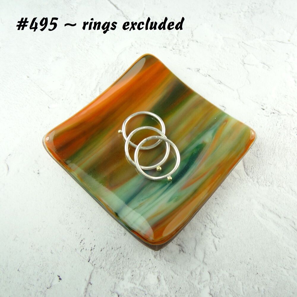 Handcrafted streaky orange & green fused glass shallow ring trinket dish, tea light holder or ornament to display (#495)