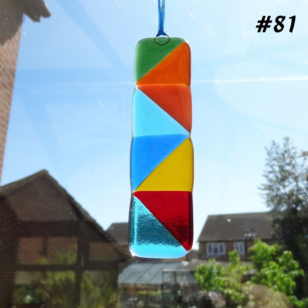 Handcrafted multi-coloured triangle patterned fused glass long suncatcher - 3cm x 12cm (#81)