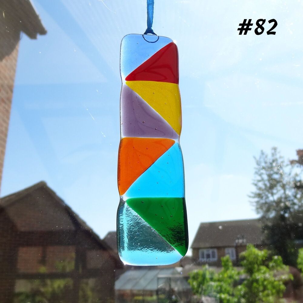 Handcrafted multi-coloured triangle patterned fused glass long suncatcher - 3cm x 12cm (#82)