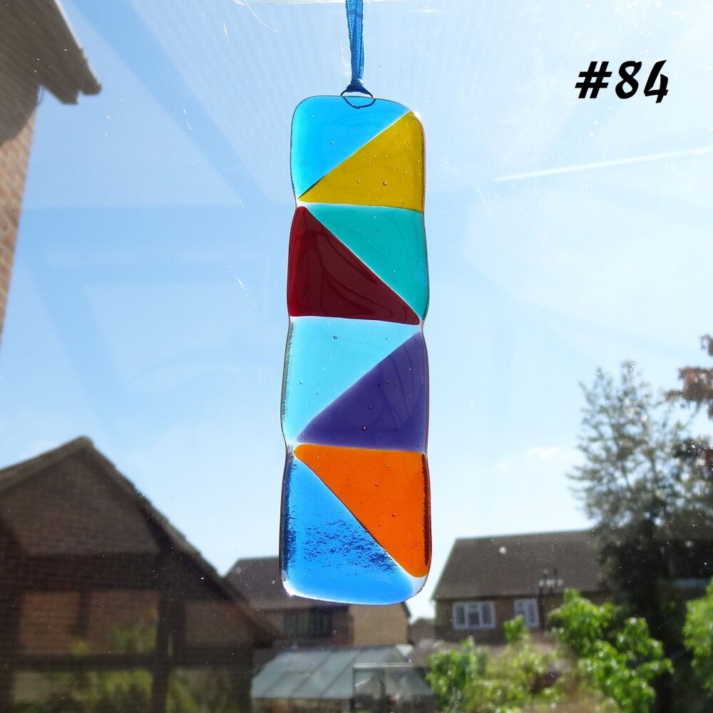 Handcrafted multi-coloured triangle patterned fused glass long suncatcher - 3cm x 12cm (#84)
