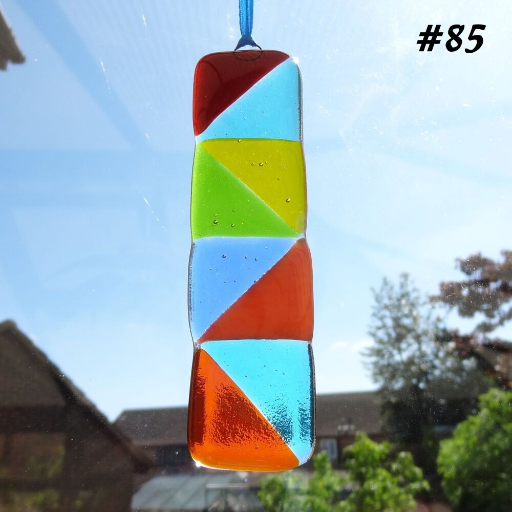 Handcrafted multi-coloured triangle patterned fused glass long suncatcher - 3cm x 12cm (#85)