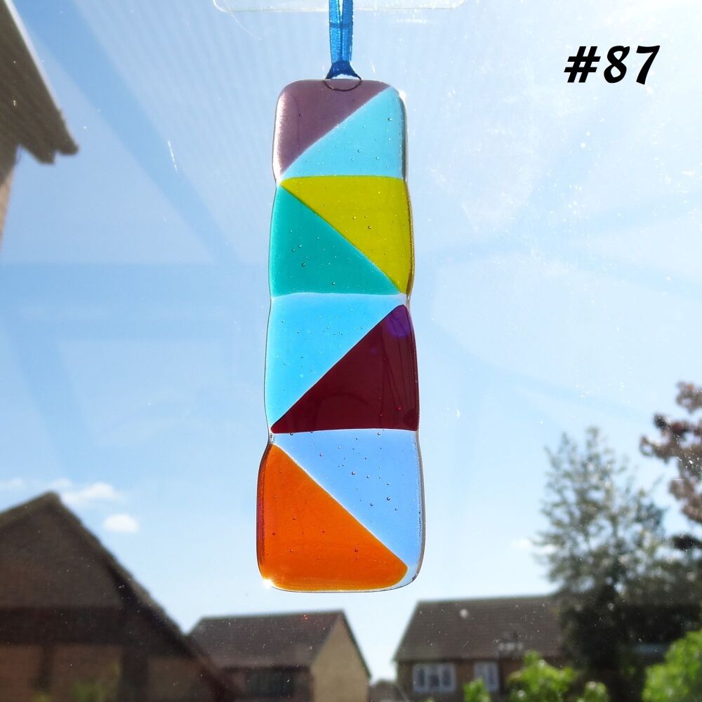 Handcrafted multi-coloured triangle patterned fused glass long suncatcher - 3cm x 12cm (#87)