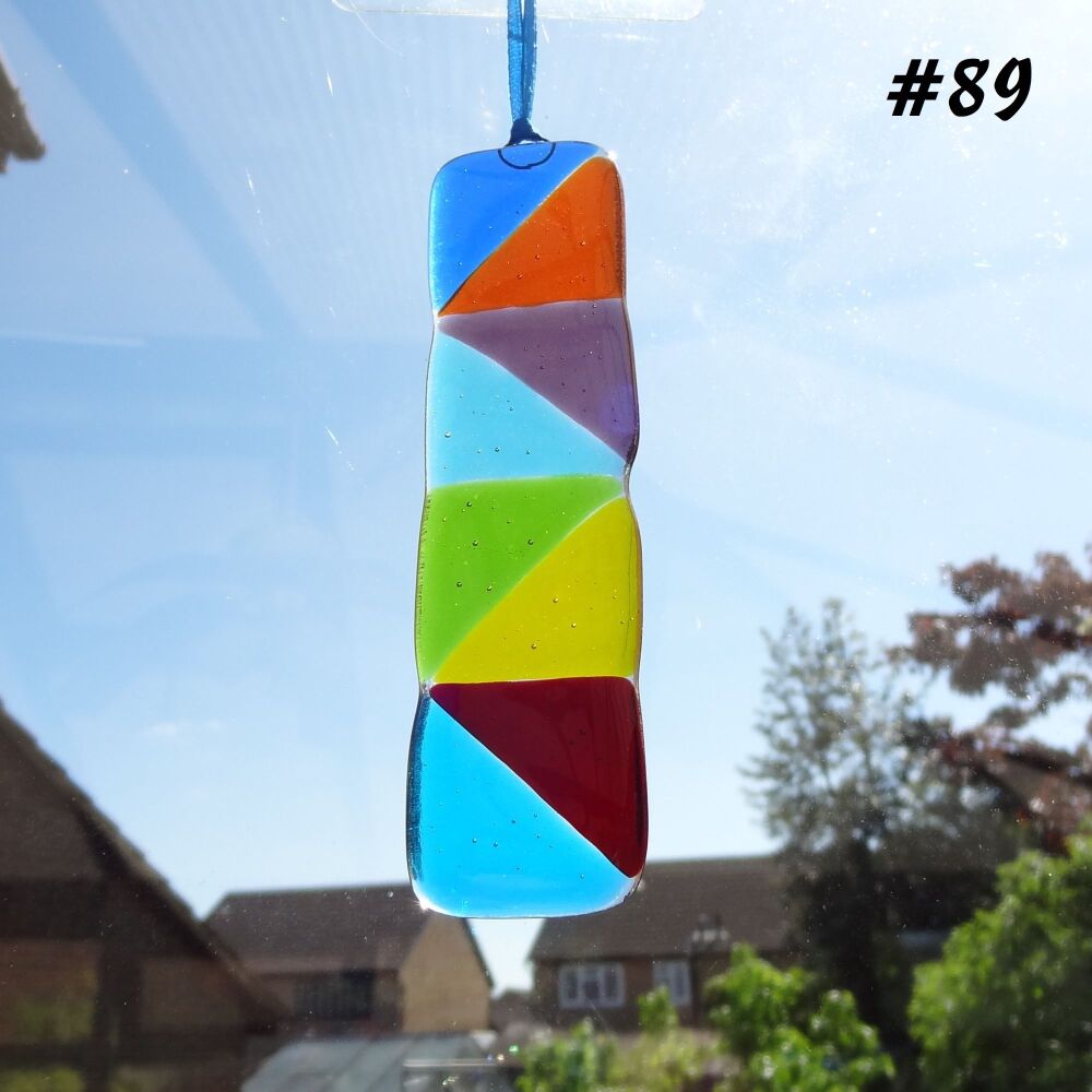 Handcrafted multi-coloured triangle patterned fused glass long suncatcher - 3cm x 12cm (#89)